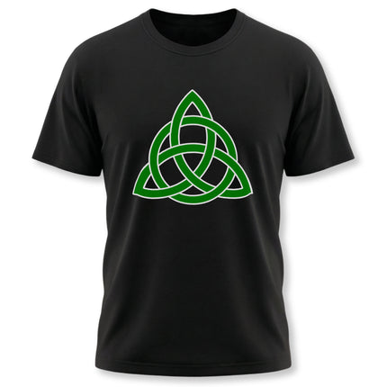 Green Celtic Triquetra knot design on a black t-shirt.