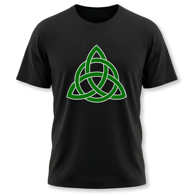 Green Celtic Triquetra knot design on a black t-shirt.