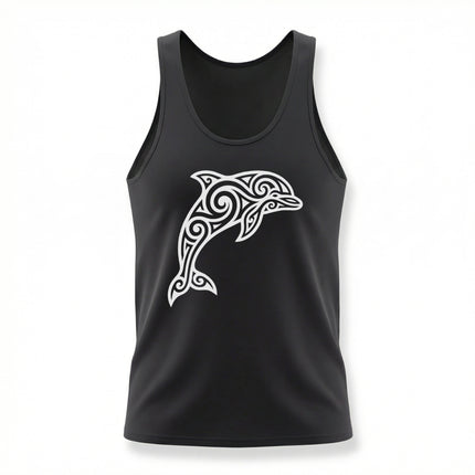 White tribal dolphin graphic on a black tank top. Celtic marine art design.