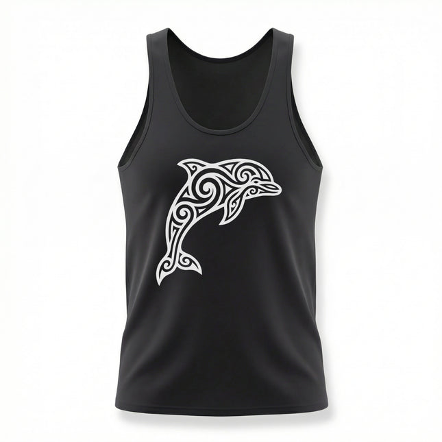 White tribal dolphin graphic on a black tank top. Celtic marine art design.