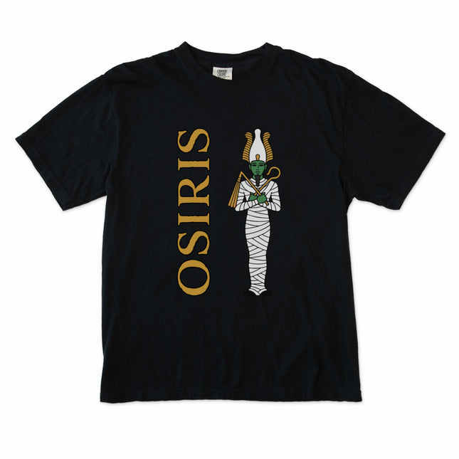 Osiris Egyptian god t-shirt featuring ancient mythology mummy graphics print.