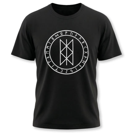 Norse Web of Wyrd rune circle graphic tee featuring Viking runes and fate symbol.