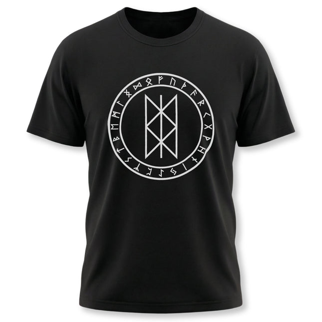Norse Web of Wyrd rune circle graphic tee featuring Viking runes and fate symbol.
