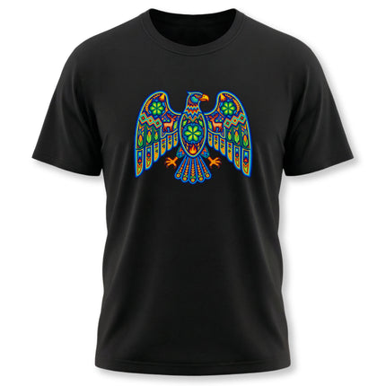 Colorful Huichol eagle graphic on a black tee, showcasing vibrant Mexican indigenous folk art design.