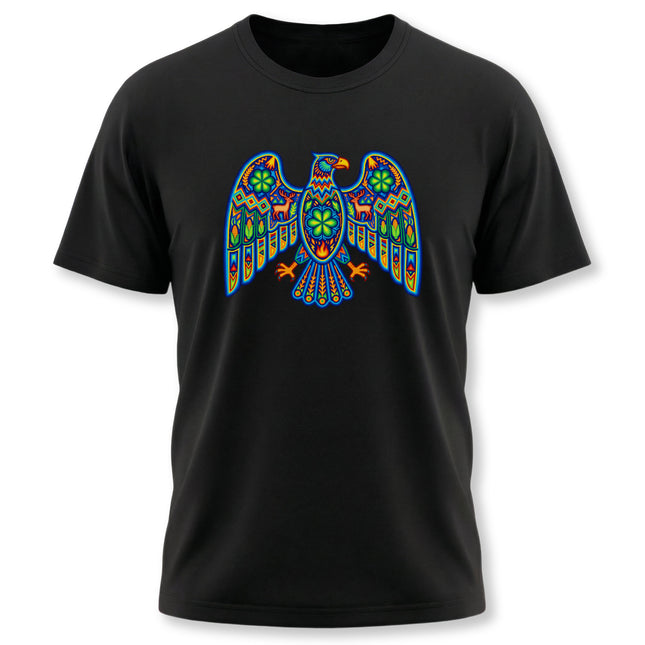 Colorful Huichol eagle graphic on a black tee, showcasing vibrant Mexican indigenous folk art design.