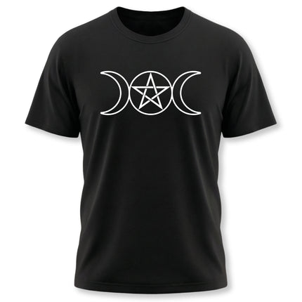 Triple moon and pentagram symbol graphic tee for pagan witchcraft apparel.