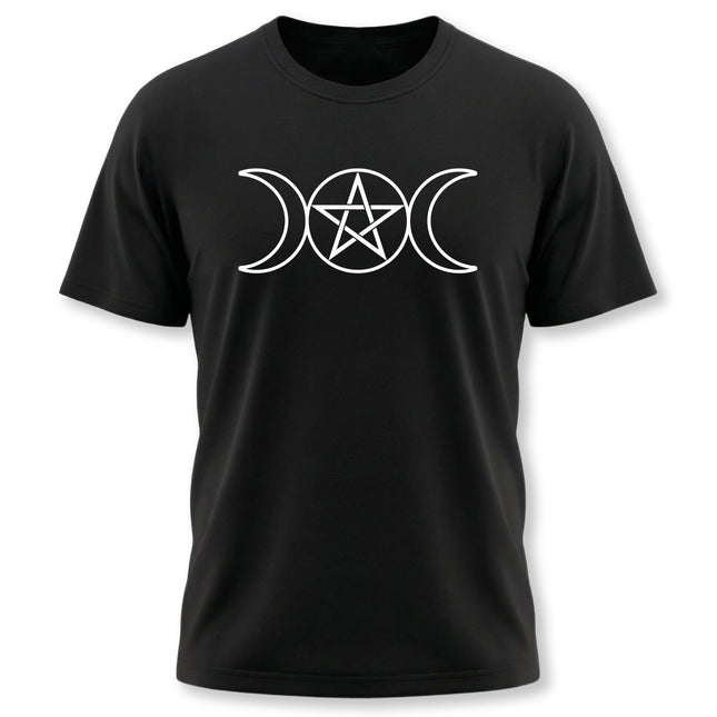 Triple moon and pentagram symbol graphic tee for pagan witchcraft apparel.
