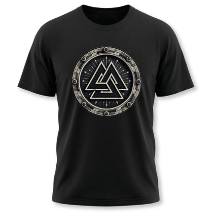 Black graphic tee featuring a circular Norse Asgard symbol design.