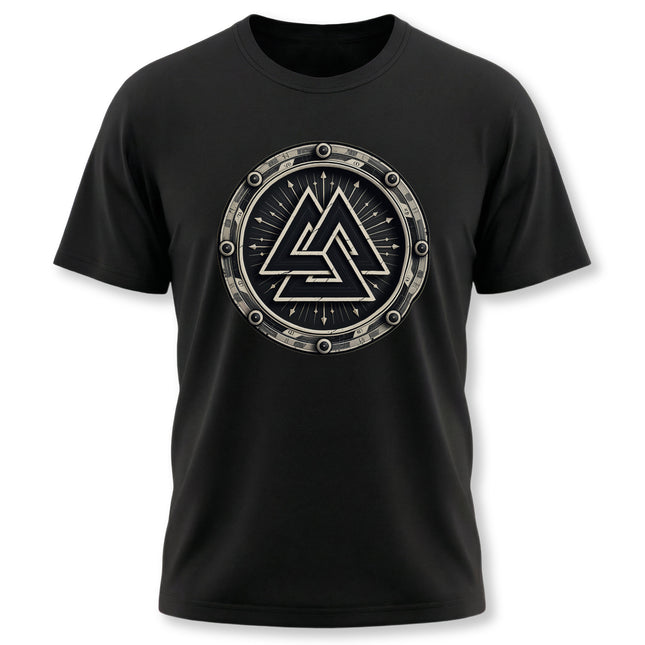 Black graphic tee featuring a circular Norse Asgard symbol design.