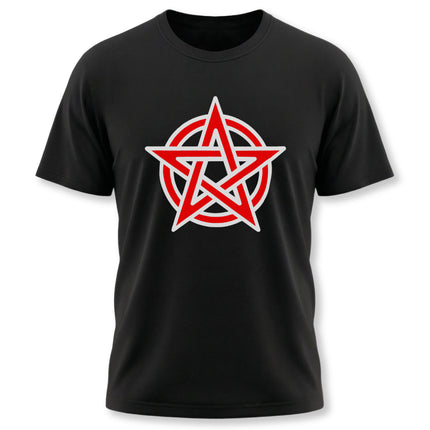Red pentagram and circle occult symbol graphic on a black t-shirt.