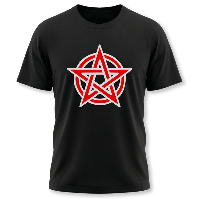 Red pentagram and circle occult symbol graphic on a black t-shirt.