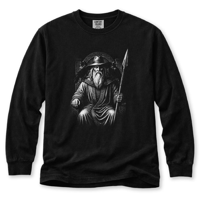 Odin Long Sleeve T-Shirt | Seated Norse God with Spear and Ravens Tee