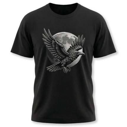 Raven and full moon graphic tee featuring Norse mythology style illustration.