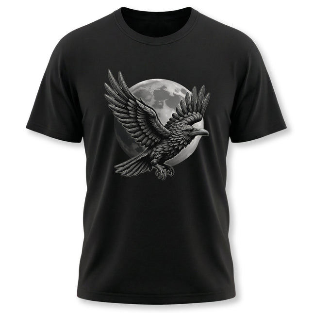 Raven and full moon graphic tee featuring Norse mythology style illustration.