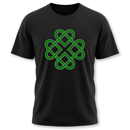 Green Celtic knot clover symbol graphic tee on a black t-shirt.