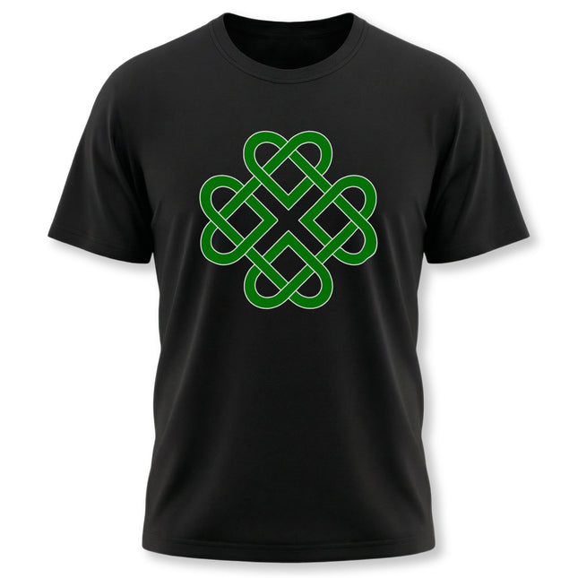 Green Celtic knot clover symbol graphic tee on a black t-shirt.