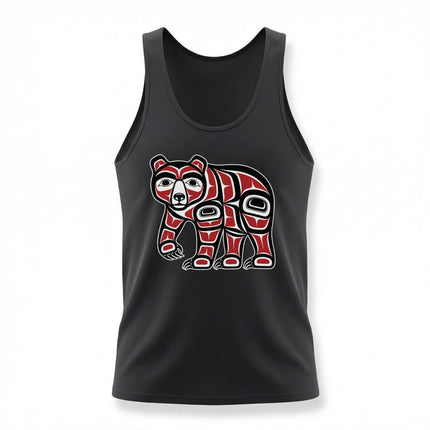 Formline art bear graphic in red and black Northwest Coast indigenous style.