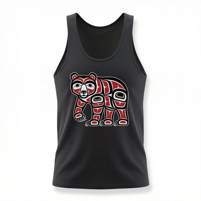 Formline art bear graphic in red and black Northwest Coast indigenous style.