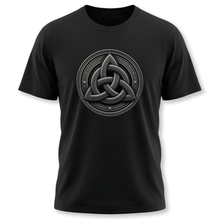 Black t-shirt featuring a detailed Celtic Triquetra knot symbol graphic.