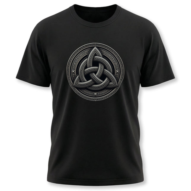 Black t-shirt featuring a detailed Celtic Triquetra knot symbol graphic.