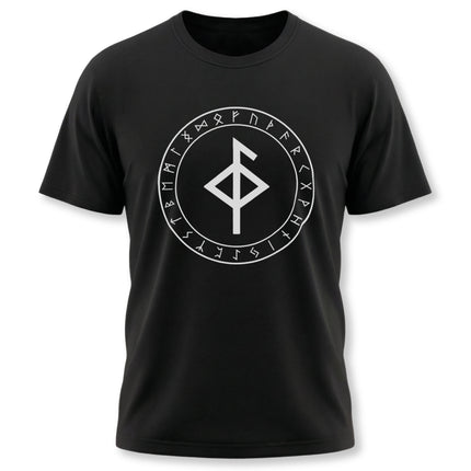 Black t-shirt featuring the Norse Bind Rune (Algiz) and the complete Elder Futhark rune circle.