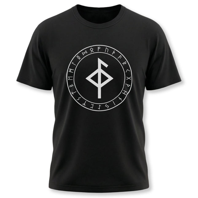 Black t-shirt featuring the Norse Bind Rune (Algiz) and the complete Elder Futhark rune circle.