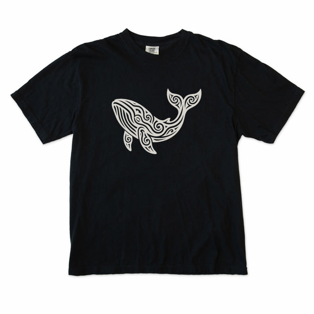 Intricate tribal whale graphic tee featuring ocean animal artwork on a comfort colors shirt.