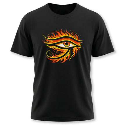 Fiery Eye of Ra graphic on a black t-shirt, featuring ancient Egyptian symbolism.