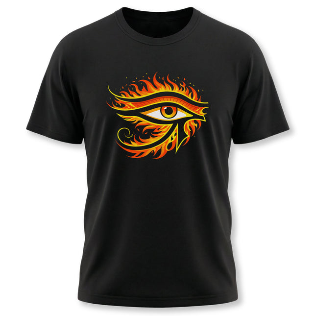 Fiery Eye of Ra graphic on a black t-shirt, featuring ancient Egyptian symbolism.
