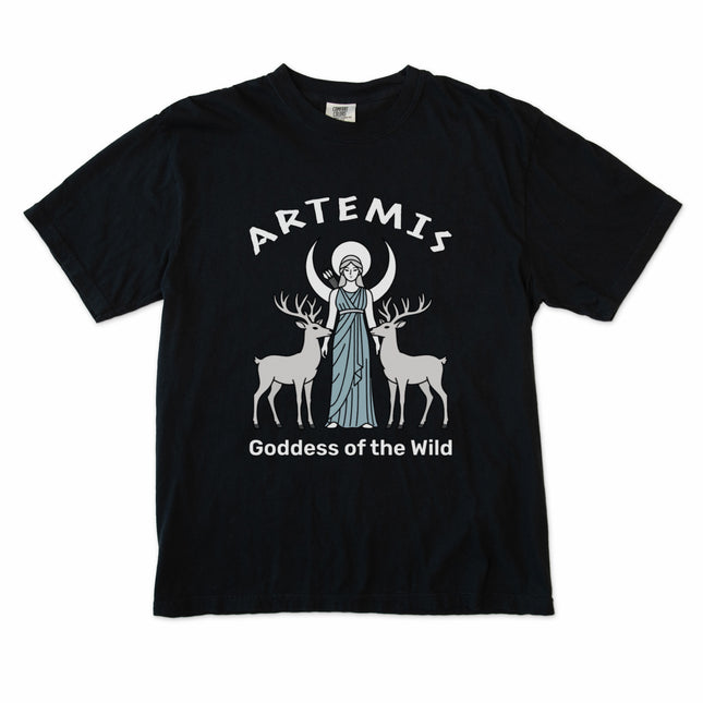Artemis goddess of the wild t-shirt featuring a moon stag graphic inspired by Greek mythology.