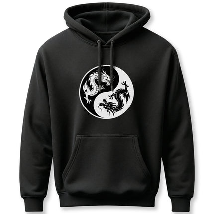 Yin Yang hoodie graphic featuring two powerful Chinese dragons, symbolizing balance and strength.