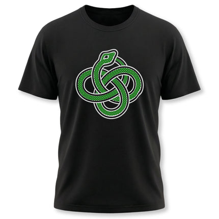 Green Celtic Serpent Knot T-Shirt featuring the Ouroboros symbol. Mythological knotwork design.