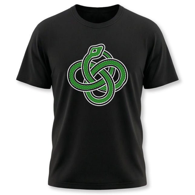 Green Celtic Serpent Knot T-Shirt featuring the Ouroboros symbol. Mythological knotwork design.