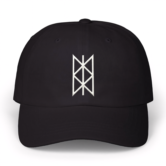 Black baseball cap featuring the embroidered Norse Web of Wyrd fate symbol.