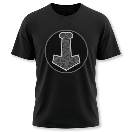 Norse Mjolnir hammer knotwork graphic on a black Viking t-shirt.