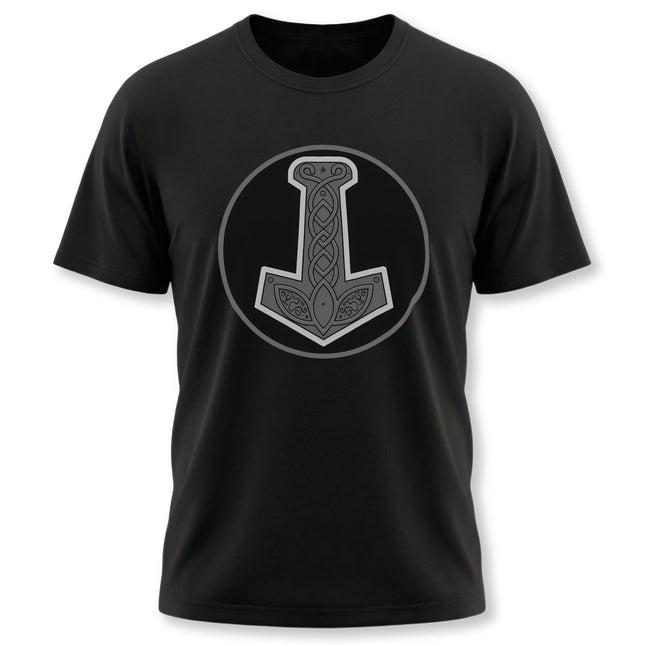 Norse Mjolnir hammer knotwork graphic on a black Viking t-shirt.