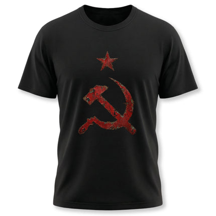 Distressed red hammer and sickle star graphic on a black vintage communist t-shirt.