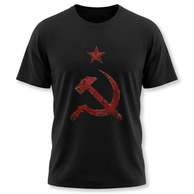 Distressed red hammer and sickle star graphic on a black vintage communist t-shirt.