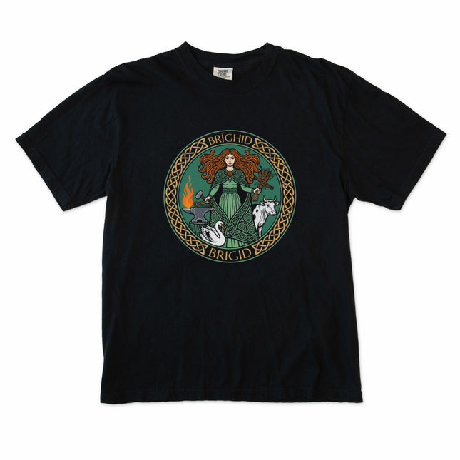 Brighid Celtic Goddess T-shirt featuring Irish mythology art of fire, swan, and cow.