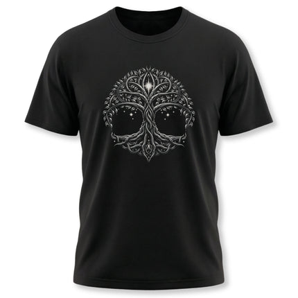 Intricate Celtic Tree of Life graphic featuring Yggdrasil roots on a black t-shirt.