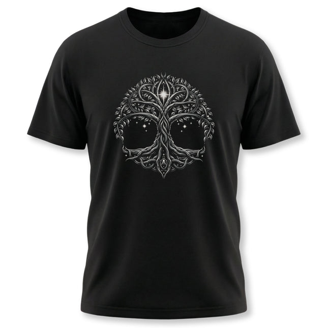 Intricate Celtic Tree of Life graphic featuring Yggdrasil roots on a black t-shirt.