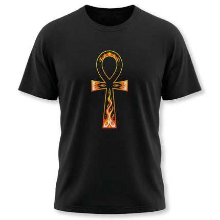 Black t-shirt featuring a flaming Ankh symbol, representing ancient Egyptian life and eternal key.