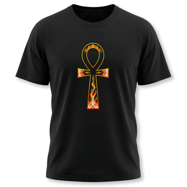 Black t-shirt featuring a flaming Ankh symbol, representing ancient Egyptian life and eternal key.