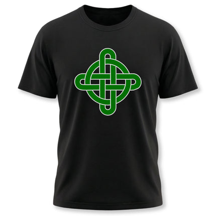 Green Celtic knotwork cross graphic printed on a black t-shirt.