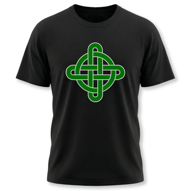 Green Celtic knotwork cross graphic printed on a black t-shirt.