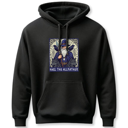 Odin Allfather Norse Viking graphic hoodie featuring wolves, ravens, and runes.
