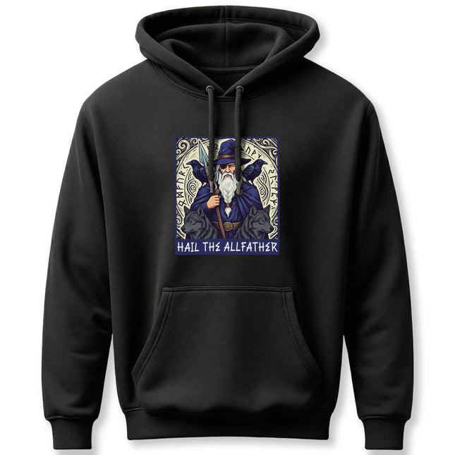Odin Allfather Norse Viking graphic hoodie featuring wolves, ravens, and runes.