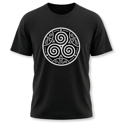 White Celtic Triskelion symbol graphic on a black t-shirt, featuring a triple spiral design.