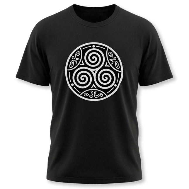 White Celtic Triskelion symbol graphic on a black t-shirt, featuring a triple spiral design.