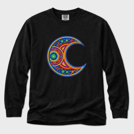 Huichol-Inspired Moon Long Sleeve T-Shirt | Colorful Crescent Art